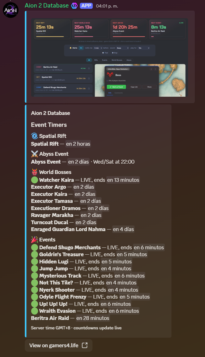Aion 2 Database bot /events command showing live countdowns for rifts, world bosses and events